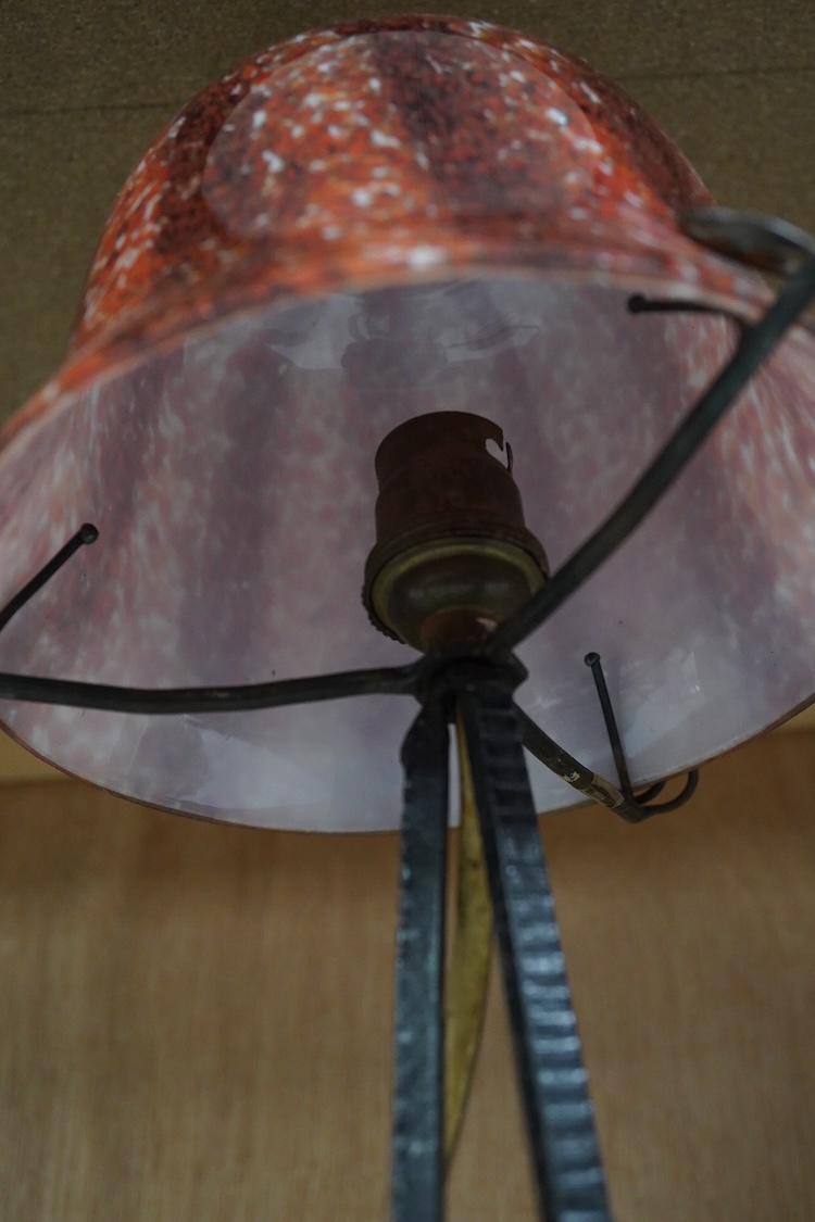 An Art Deco iron lamp with opaline glass shade, 33cm high
